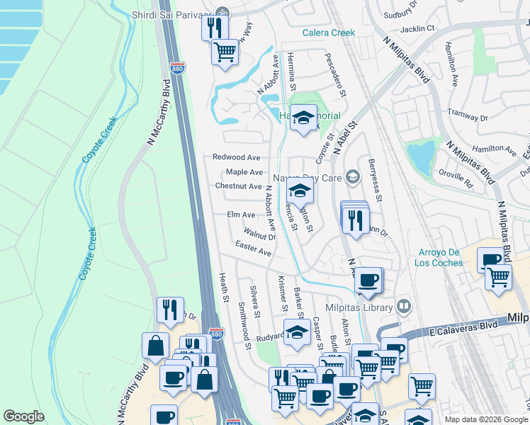 map of restaurants, bars, coffee shops, grocery stores, and more near 420 Elm Avenue in Milpitas