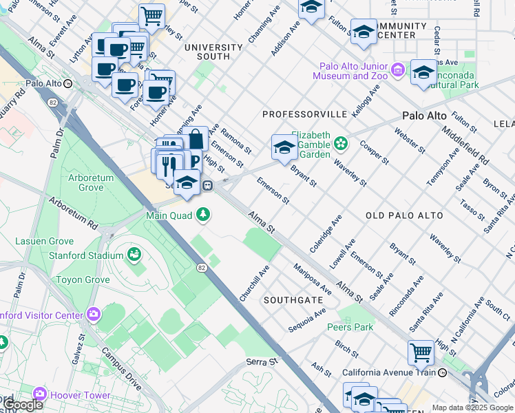 map of restaurants, bars, coffee shops, grocery stores, and more near 104 Melville Avenue in Palo Alto
