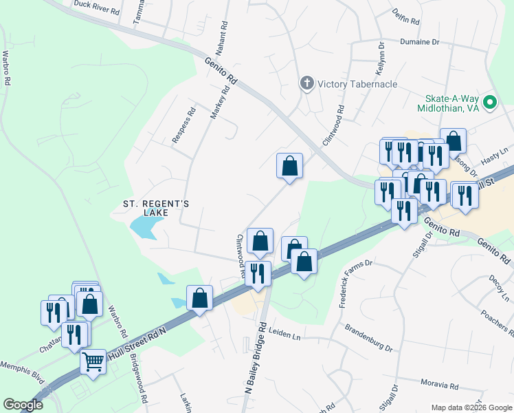map of restaurants, bars, coffee shops, grocery stores, and more near 3620 Clintwood Road in Midlothian