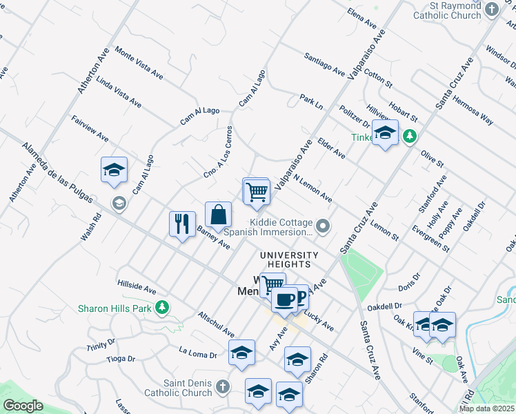 map of restaurants, bars, coffee shops, grocery stores, and more near 1410 Franks Lane in Menlo Park