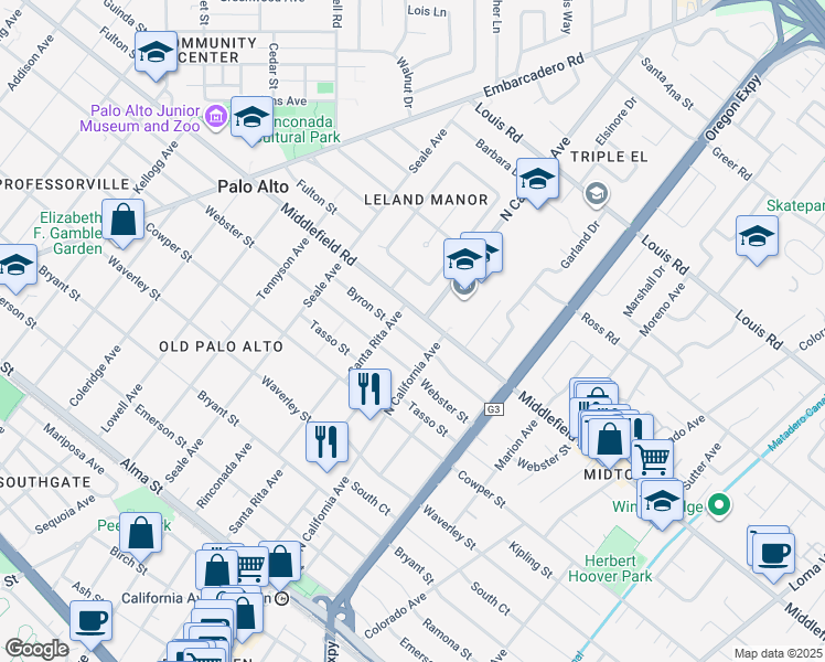 map of restaurants, bars, coffee shops, grocery stores, and more near 2133 Webster Street in Palo Alto