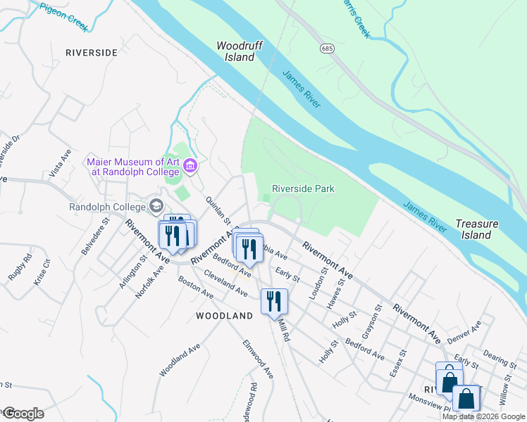 map of restaurants, bars, coffee shops, grocery stores, and more near 2240-2244 Rivermont Avenue in Lynchburg