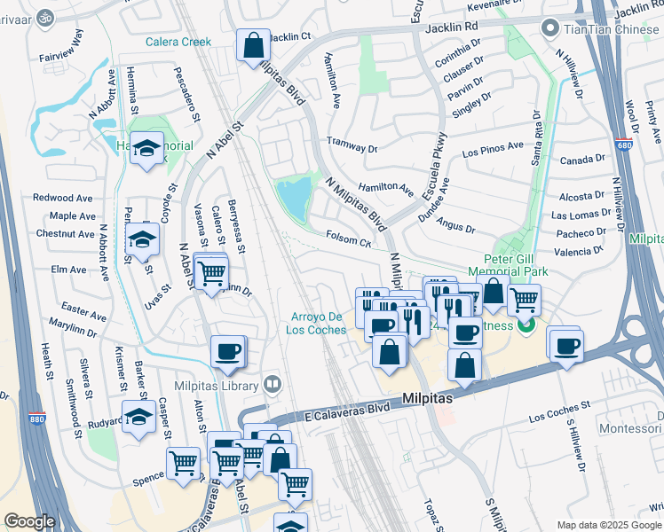map of restaurants, bars, coffee shops, grocery stores, and more near 113 Meadowland Drive in Milpitas