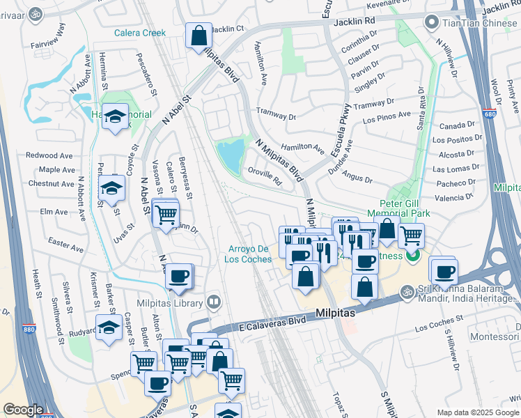 map of restaurants, bars, coffee shops, grocery stores, and more near 113 Meadowland Drive in Milpitas