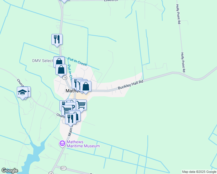map of restaurants, bars, coffee shops, grocery stores, and more near 11179 Buckley Hall Road in Mathews
