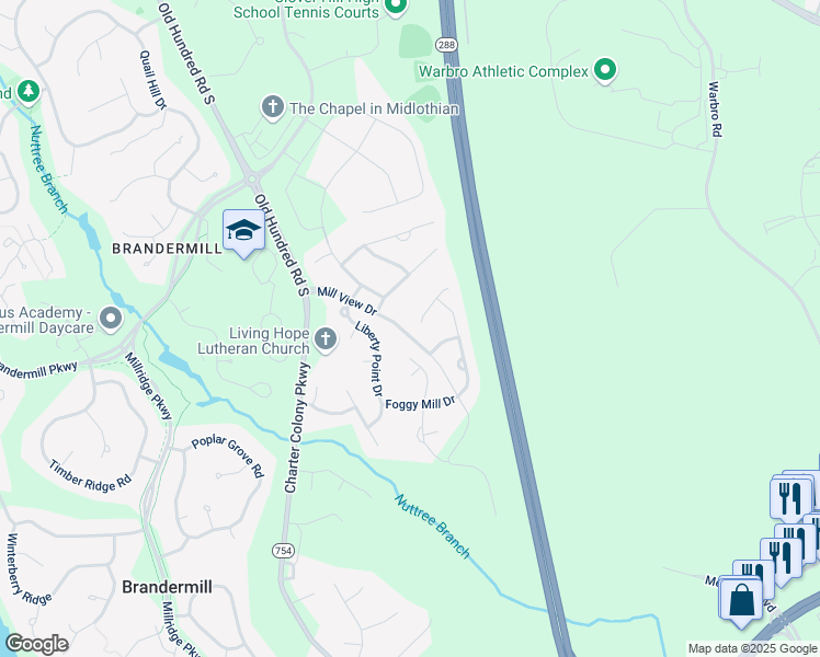 map of restaurants, bars, coffee shops, grocery stores, and more near 12830 Millstep Terrace in Midlothian