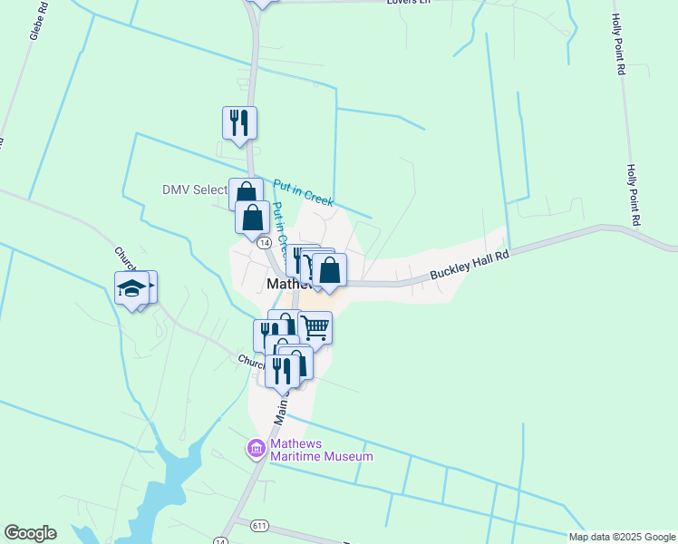 map of restaurants, bars, coffee shops, grocery stores, and more near 11017 Buckley Hall Road in Mathews