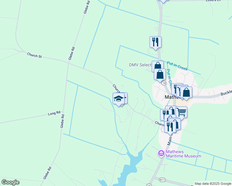 map of restaurants, bars, coffee shops, grocery stores, and more near 511 Church Street in Mathews
