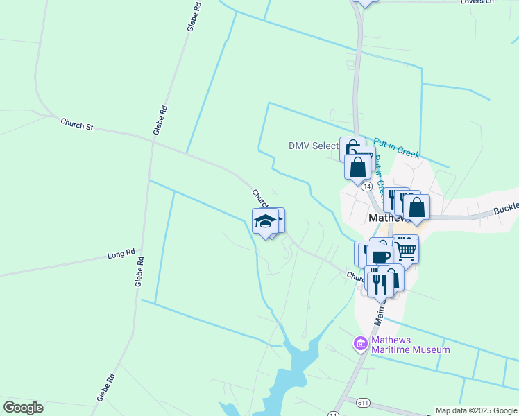 map of restaurants, bars, coffee shops, grocery stores, and more near 511 Church Street in Mathews