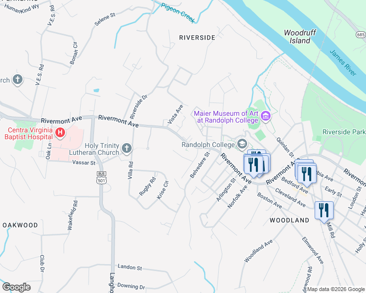 map of restaurants, bars, coffee shops, grocery stores, and more near 2925 Rivermont Avenue in Lynchburg