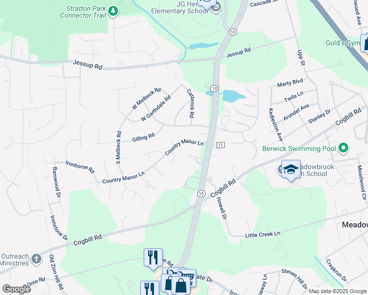 map of restaurants, bars, coffee shops, grocery stores, and more near 5110 Country Manor Lane in Richmond