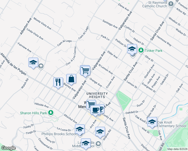 map of restaurants, bars, coffee shops, grocery stores, and more near 1332 Orange Avenue in Menlo Park