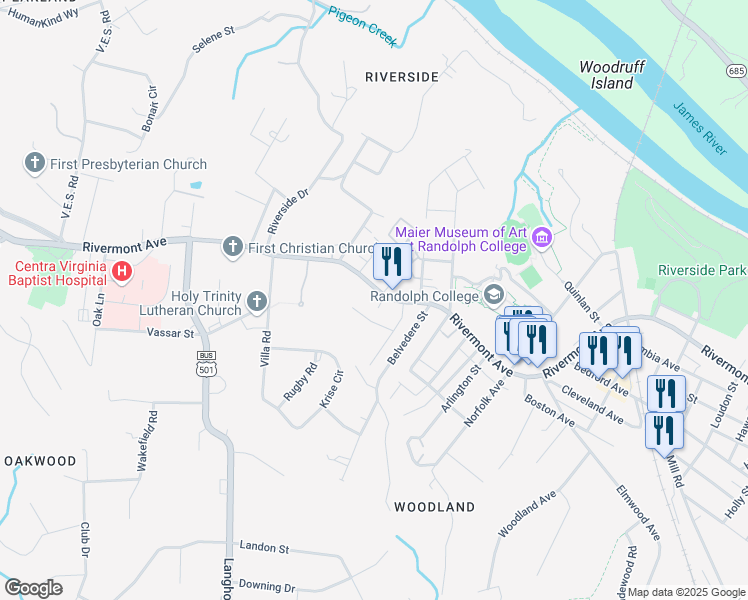 map of restaurants, bars, coffee shops, grocery stores, and more near 2908 Dellwood Circle in Lynchburg