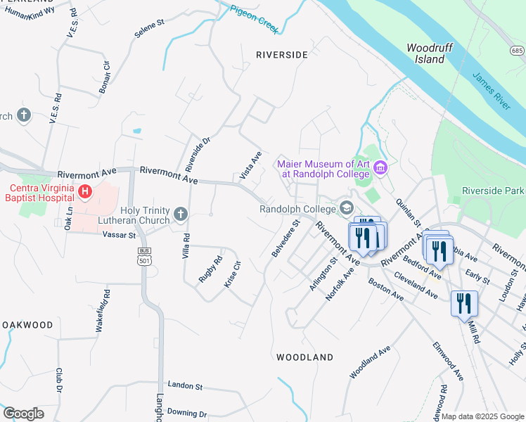 map of restaurants, bars, coffee shops, grocery stores, and more near 2908 Dellwood Circle in Lynchburg