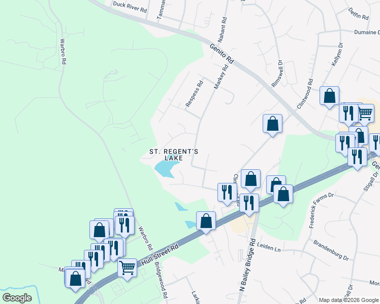map of restaurants, bars, coffee shops, grocery stores, and more near 11900 Markey Circle in Midlothian