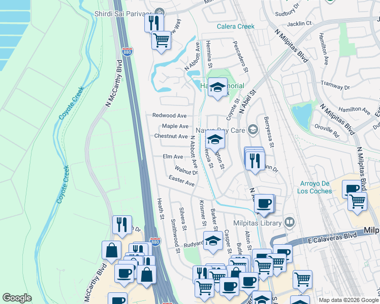 map of restaurants, bars, coffee shops, grocery stores, and more near 420 Elm Avenue in Milpitas