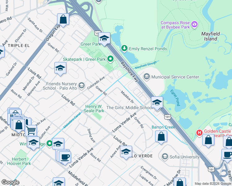 map of restaurants, bars, coffee shops, grocery stores, and more near 3155 Greer Road in Palo Alto