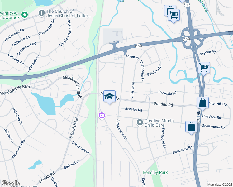 map of restaurants, bars, coffee shops, grocery stores, and more near 6600 Strathmore Road in Richmond