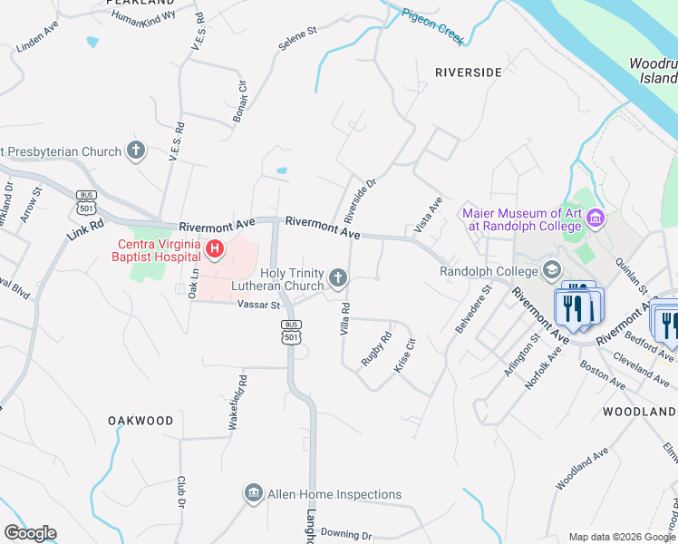 map of restaurants, bars, coffee shops, grocery stores, and more near 1000 Langhorne Road in Lynchburg
