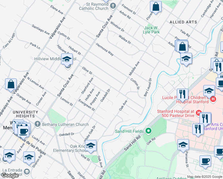 map of restaurants, bars, coffee shops, grocery stores, and more near 1611 Oakdell Drive in Menlo Park