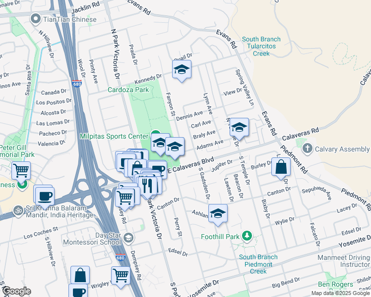 map of restaurants, bars, coffee shops, grocery stores, and more near 1445 East Calaveras Boulevard in Milpitas