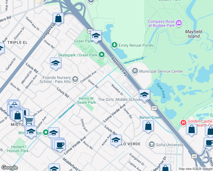 map of restaurants, bars, coffee shops, grocery stores, and more near 3155 Greer Road in Palo Alto