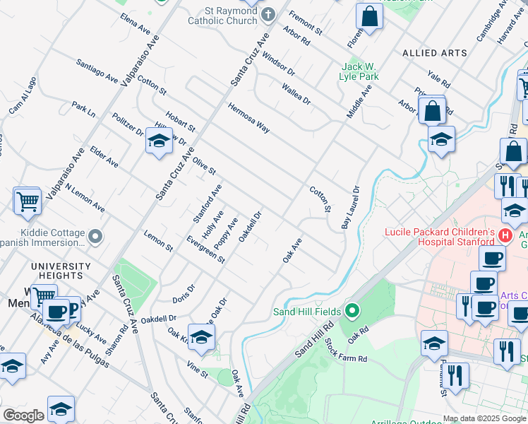 map of restaurants, bars, coffee shops, grocery stores, and more near 1611 Oakdell Drive in Menlo Park