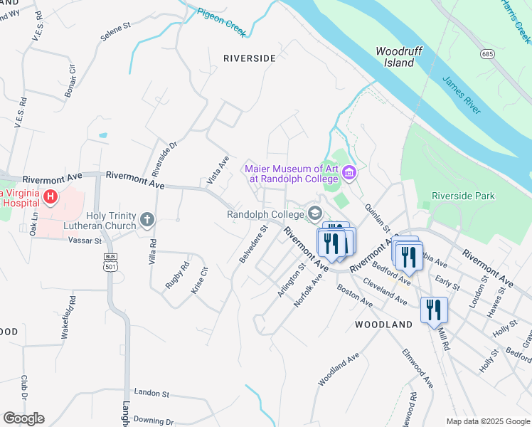 map of restaurants, bars, coffee shops, grocery stores, and more near 2822 Rivermont Avenue in Lynchburg