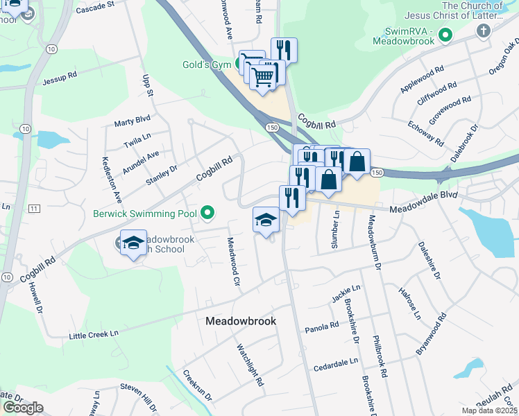map of restaurants, bars, coffee shops, grocery stores, and more near 4301 Meadowdale Boulevard in Richmond