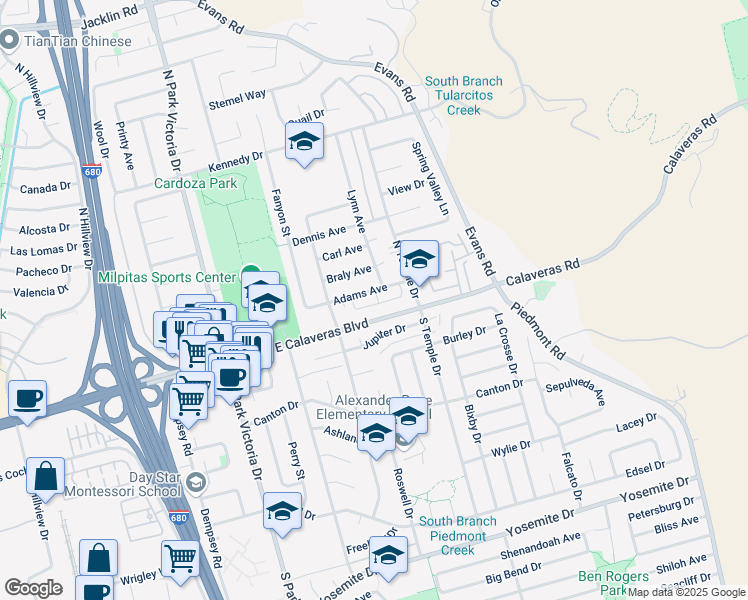 map of restaurants, bars, coffee shops, grocery stores, and more near 1585 East Calaveras Boulevard in Milpitas