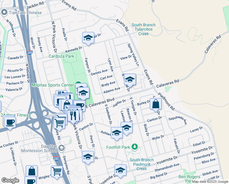 map of restaurants, bars, coffee shops, grocery stores, and more near 1585 East Calaveras Boulevard in Milpitas