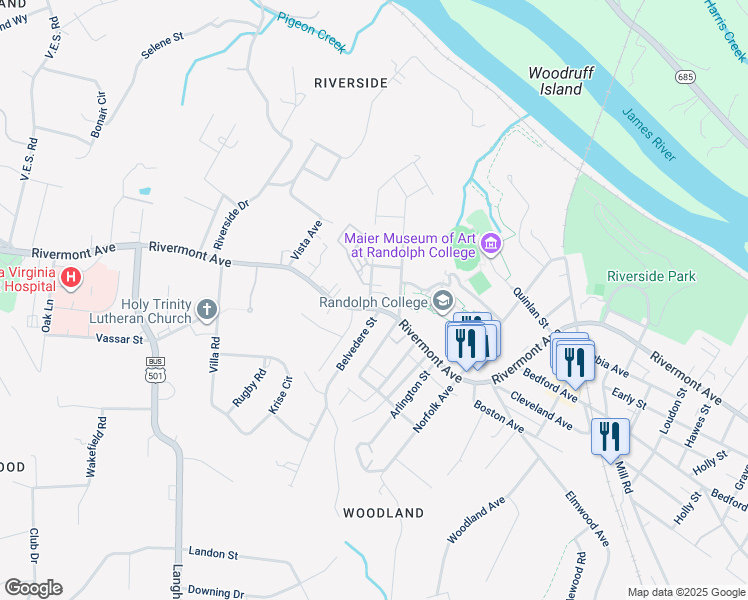 map of restaurants, bars, coffee shops, grocery stores, and more near 2809 Rivermont Avenue in Lynchburg