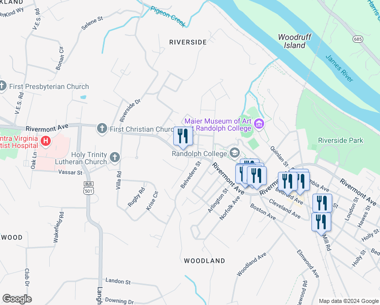 map of restaurants, bars, coffee shops, grocery stores, and more near 2907 Rivermont Avenue in Lynchburg