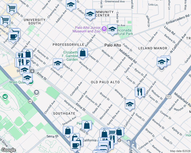 map of restaurants, bars, coffee shops, grocery stores, and more near 315 Lowell Avenue in Palo Alto