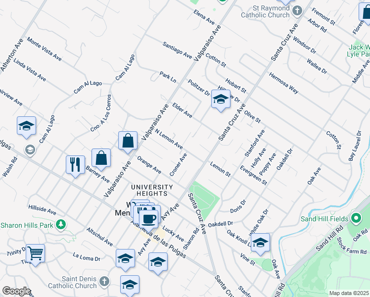 map of restaurants, bars, coffee shops, grocery stores, and more near 1206 North Lemon Avenue in Menlo Park
