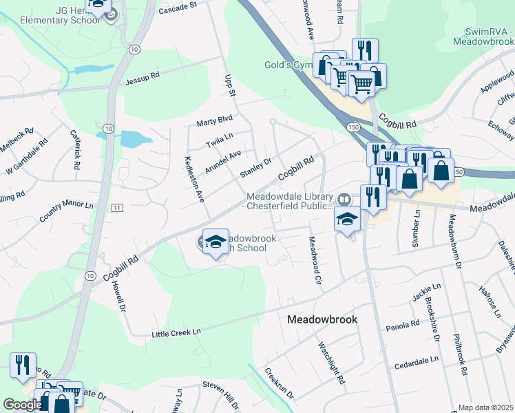 map of restaurants, bars, coffee shops, grocery stores, and more near 4716 White Cross Court in Richmond