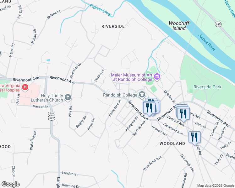 map of restaurants, bars, coffee shops, grocery stores, and more near 2907 Rivermont Avenue in Lynchburg