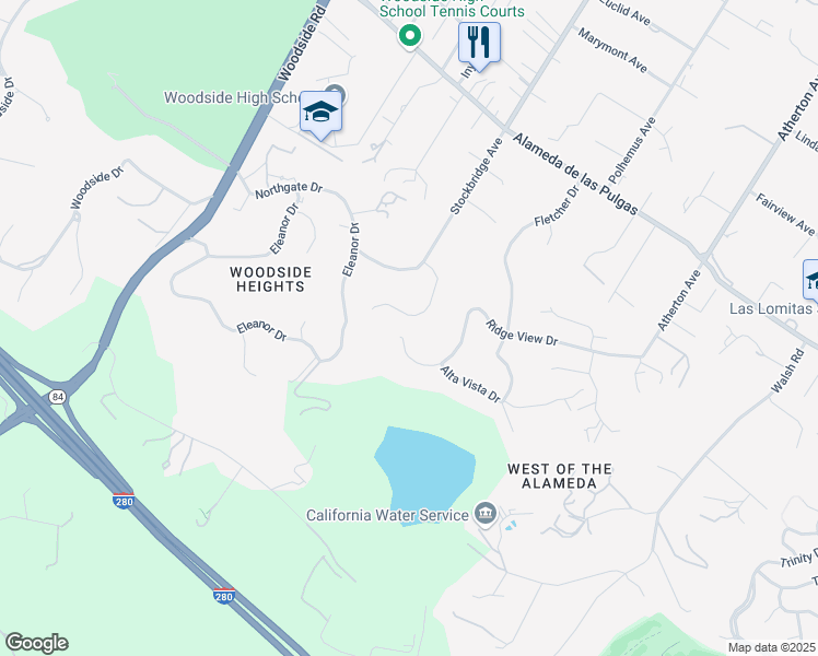 map of restaurants, bars, coffee shops, grocery stores, and more near 67 Melanie Lane in Atherton