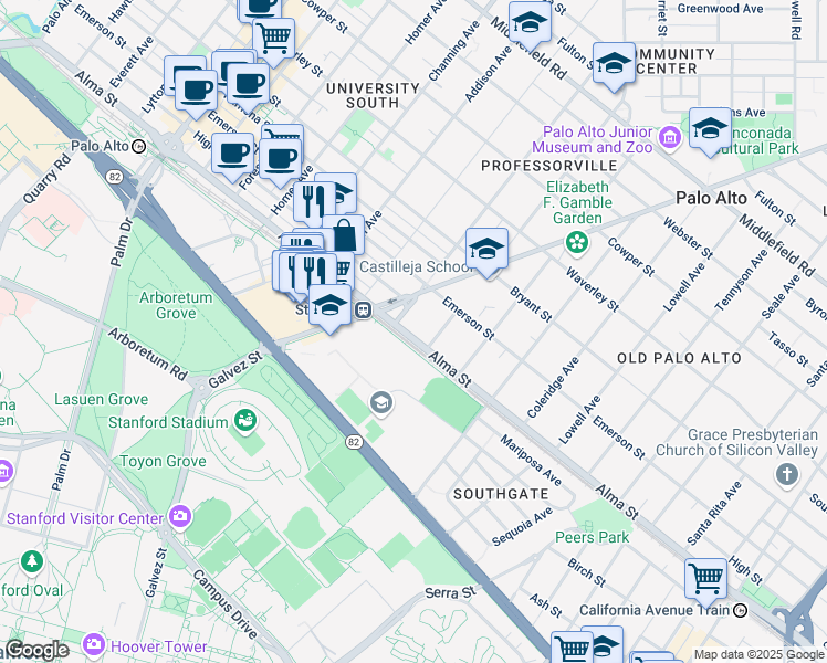 map of restaurants, bars, coffee shops, grocery stores, and more near 1235 Alma Street in Palo Alto