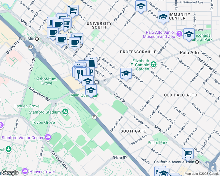 map of restaurants, bars, coffee shops, grocery stores, and more near 160 Kingsley Avenue in Palo Alto