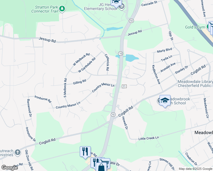 map of restaurants, bars, coffee shops, grocery stores, and more near 5110 Country Manor Lane in Richmond