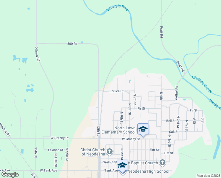 map of restaurants, bars, coffee shops, grocery stores, and more near North Redbud Lane in Neodesha