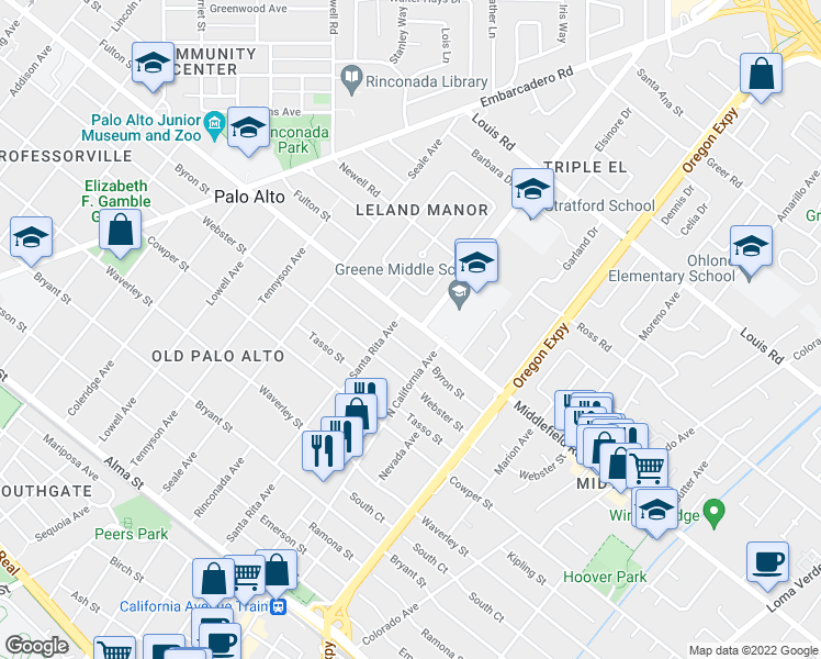 map of restaurants, bars, coffee shops, grocery stores, and more near 2130 Middlefield Road in Palo Alto
