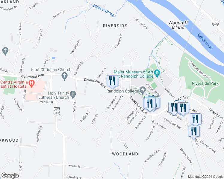 map of restaurants, bars, coffee shops, grocery stores, and more near 2924 Rivermont Avenue in Lynchburg