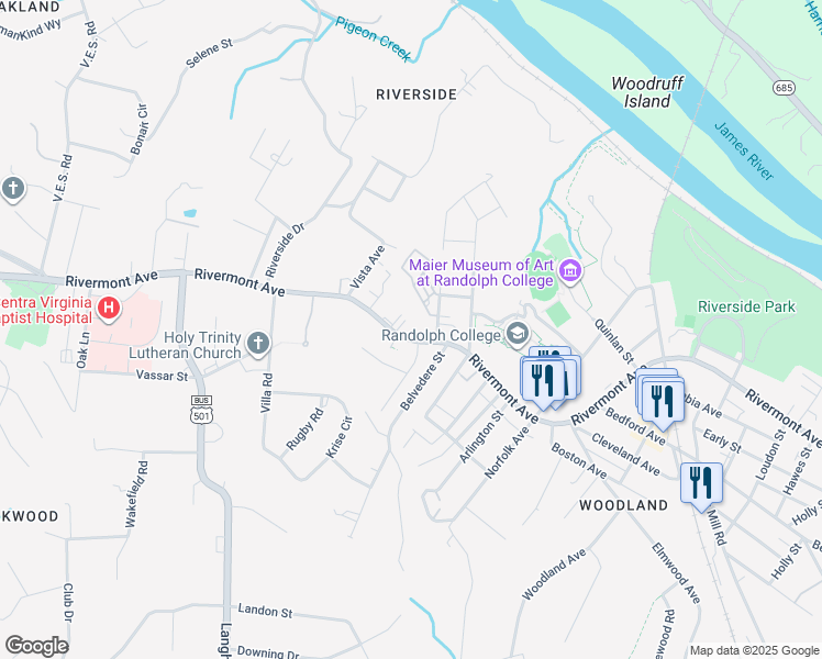 map of restaurants, bars, coffee shops, grocery stores, and more near 2910 Rivermont Avenue in Lynchburg