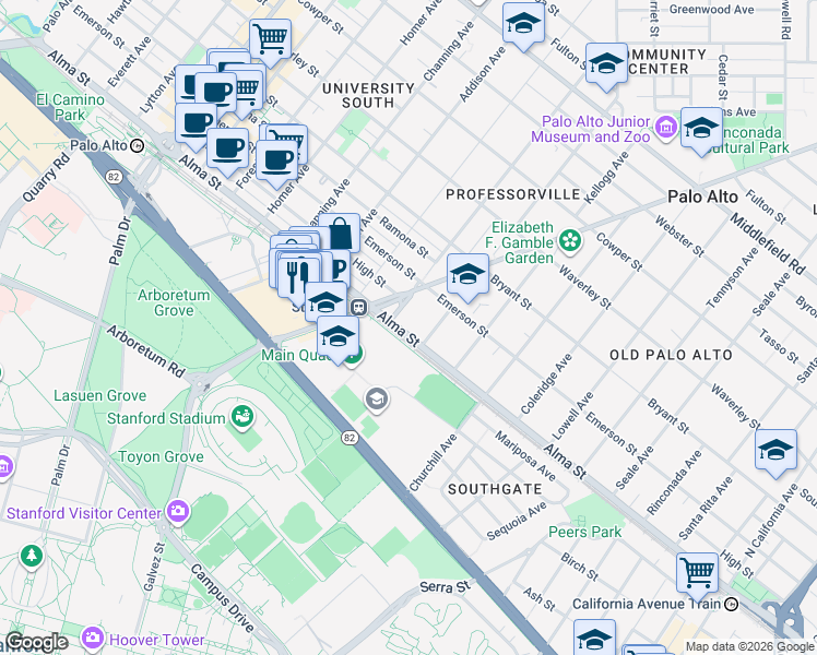 map of restaurants, bars, coffee shops, grocery stores, and more near 160 Kingsley Avenue in Palo Alto