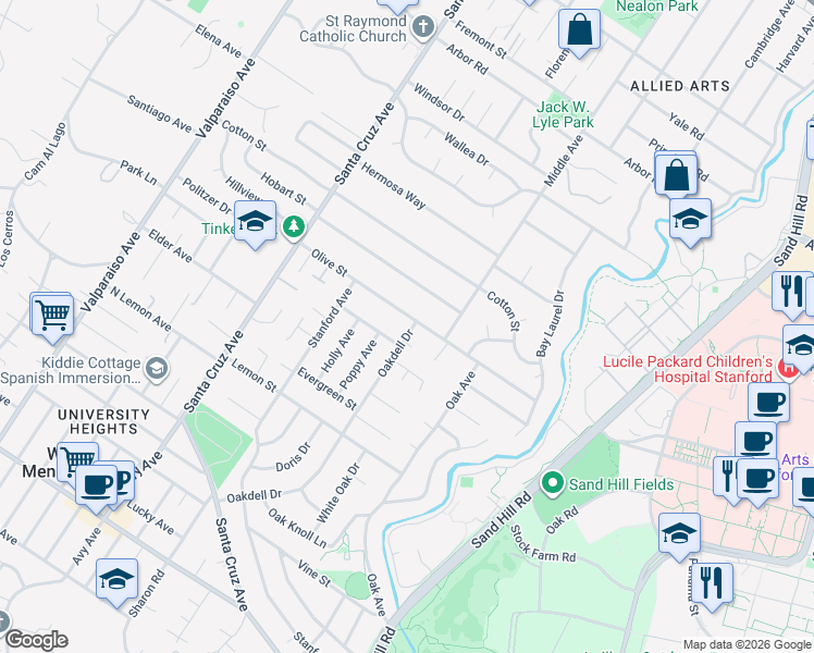 map of restaurants, bars, coffee shops, grocery stores, and more near 630 Olive Street in Menlo Park