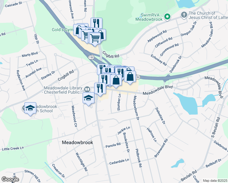 map of restaurants, bars, coffee shops, grocery stores, and more near 5901 Restingway Lane in Richmond