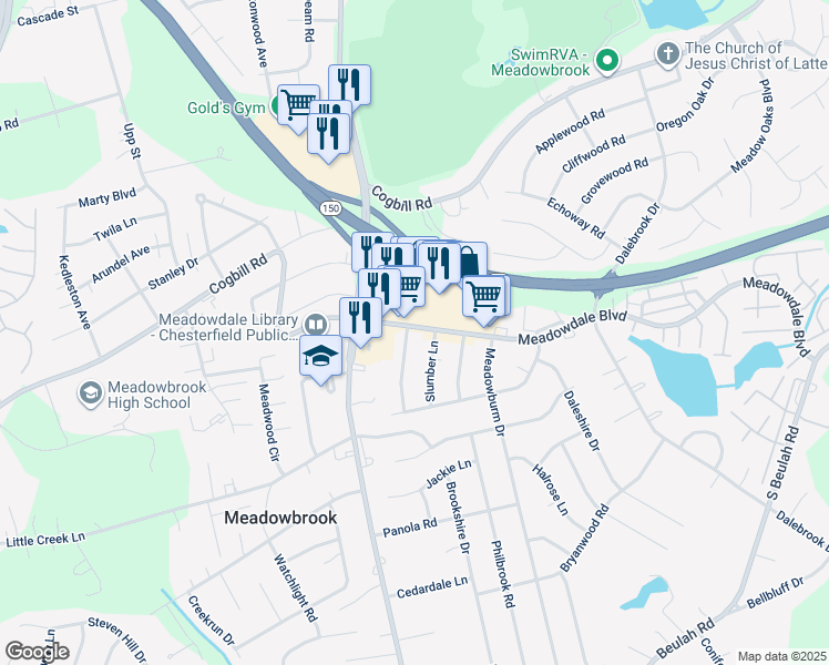 map of restaurants, bars, coffee shops, grocery stores, and more near 5901 Restingway Lane in Richmond