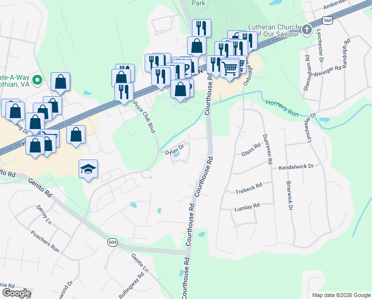 map of restaurants, bars, coffee shops, grocery stores, and more near 10221 Brian Ray Court in Midlothian